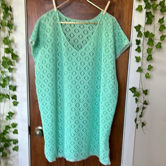 Fringed Crochet Swim Beach Cover Tunic Pastel Mint Green | XL - Picture 1 of 8